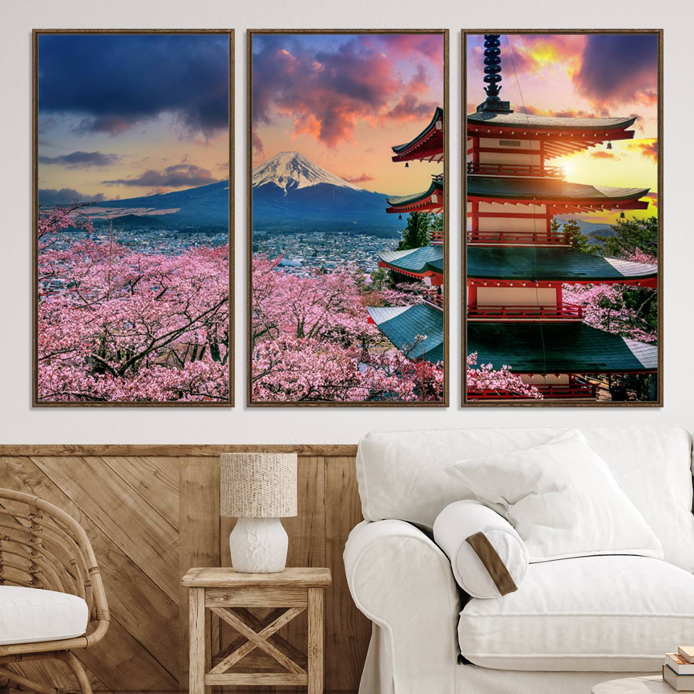 32331262-MGV-CV-36X24-Mount Fuji & Cherry Blossom Wall Art Canvas Print – Iconic Japanese Landscape, Sakura Pagoda Sunset, Multi-Panel Framed Artwork for Home,