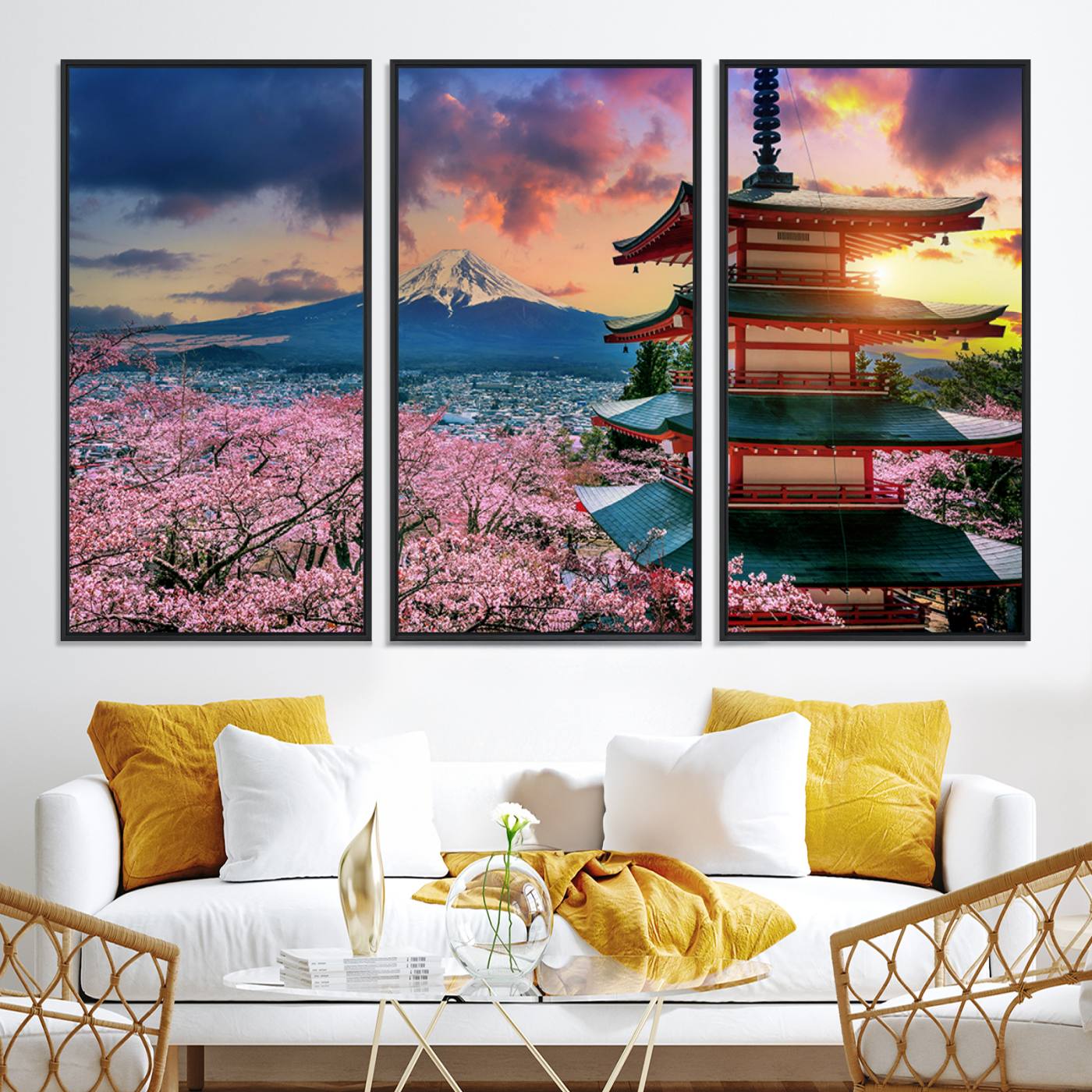 32331262-MGV-CV-36X24-Mount Fuji & Cherry Blossom Wall Art Canvas Print – Iconic Japanese Landscape, Sakura Pagoda Sunset, Multi-Panel Framed Artwork for Home,