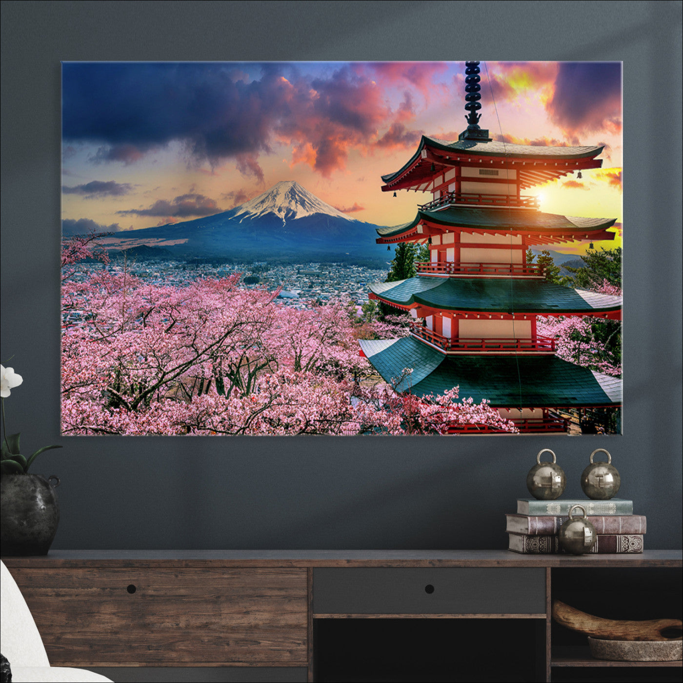 Mount Fuji & Cherry Blossom Wall Art Canvas Print – Iconic Japanese Landscape, Sakura Pagoda Sunset, Multi-Panel Framed Artwork for Home,