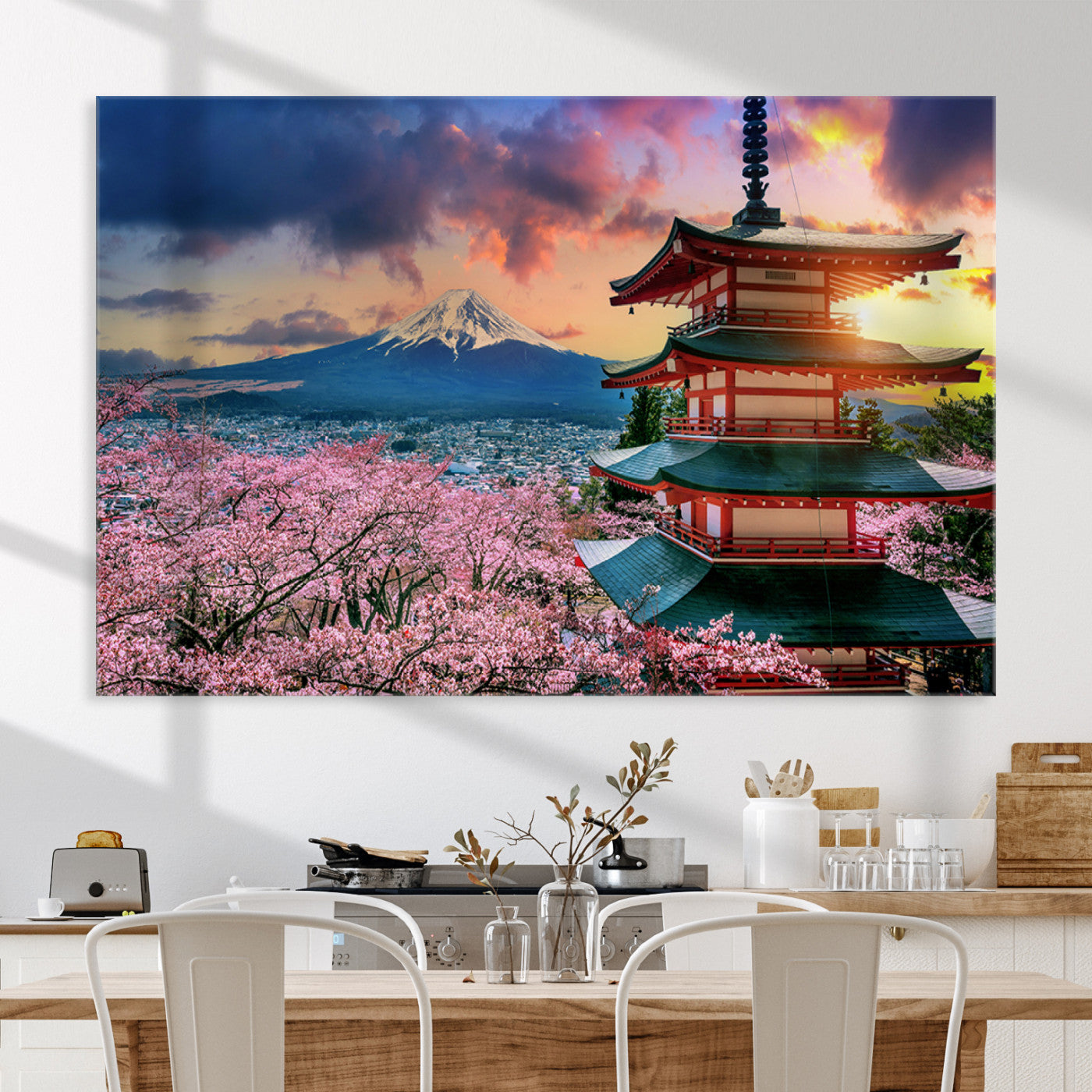 Mount Fuji & Cherry Blossom Wall Art Canvas Print – Iconic Japanese Landscape, Sakura Pagoda Sunset, Multi-Panel Framed Artwork for Home,