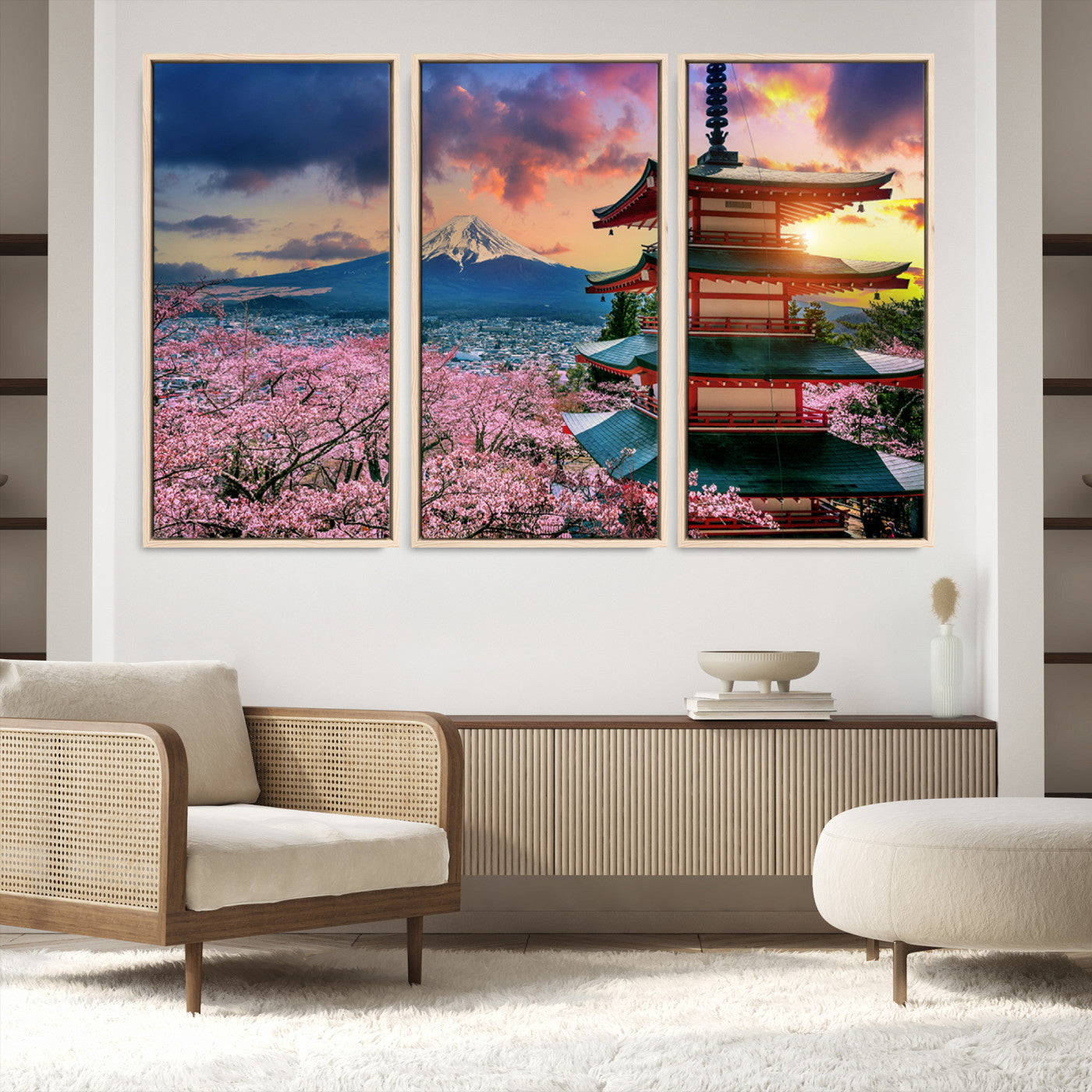 32331262-MGV-FC-48X32-3P_Natural-Mount Fuji & Cherry Blossom Wall Art Canvas Print – Iconic Japanese Landscape, Sakura Pagoda Sunset, Multi-Panel Framed Artwork for Home,