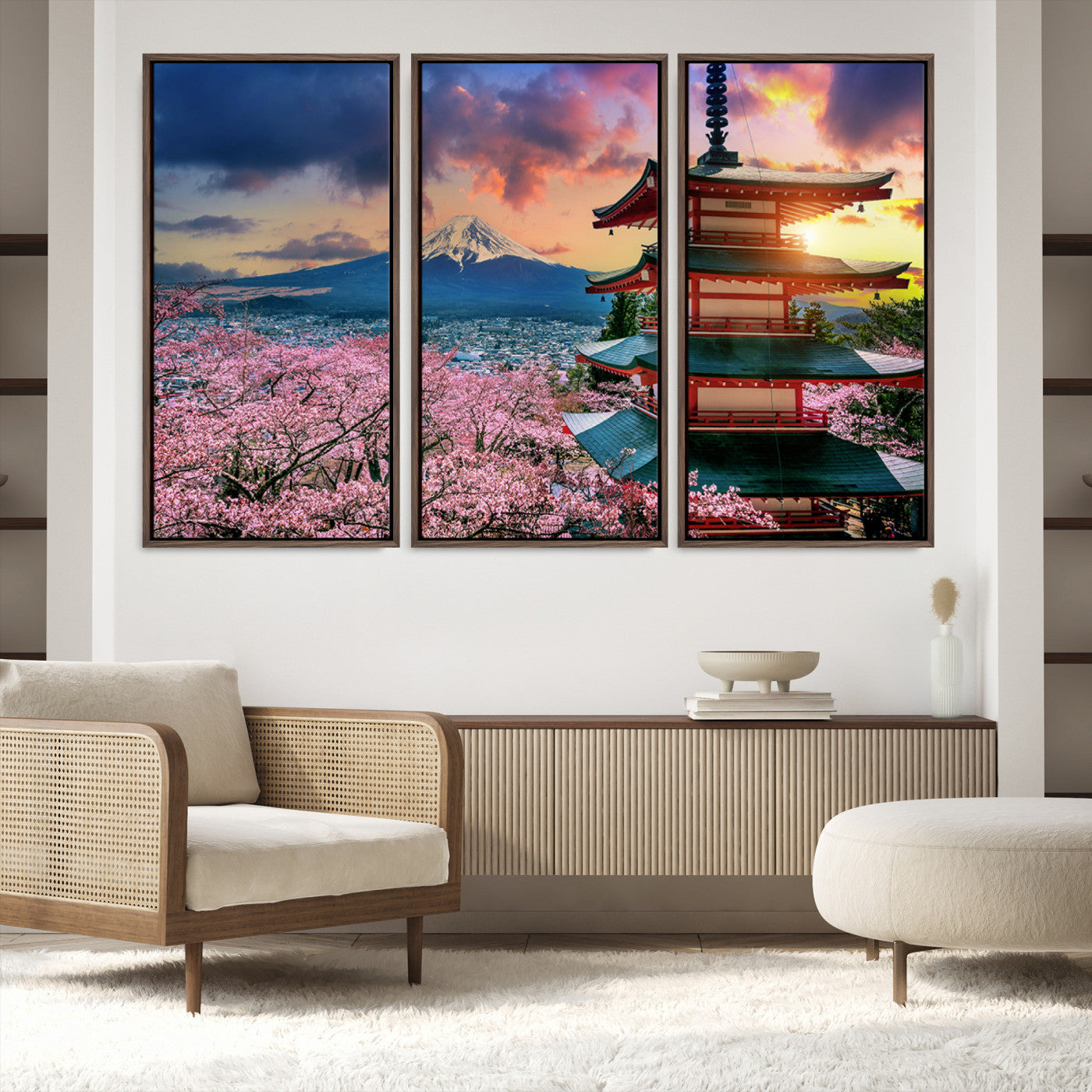 32331262-MGV-FC-48X32-3P_Walnut-Mount Fuji & Cherry Blossom Wall Art Canvas Print – Iconic Japanese Landscape, Sakura Pagoda Sunset, Multi-Panel Framed Artwork for Home,