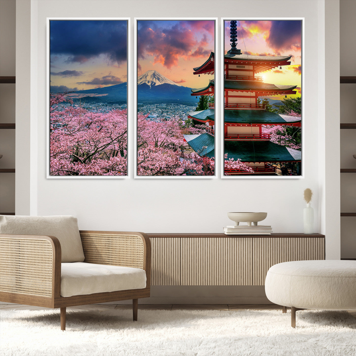 32331262-MGV-FC-48X32-3P_White-Mount Fuji & Cherry Blossom Wall Art Canvas Print – Iconic Japanese Landscape, Sakura Pagoda Sunset, Multi-Panel Framed Artwork for Home,