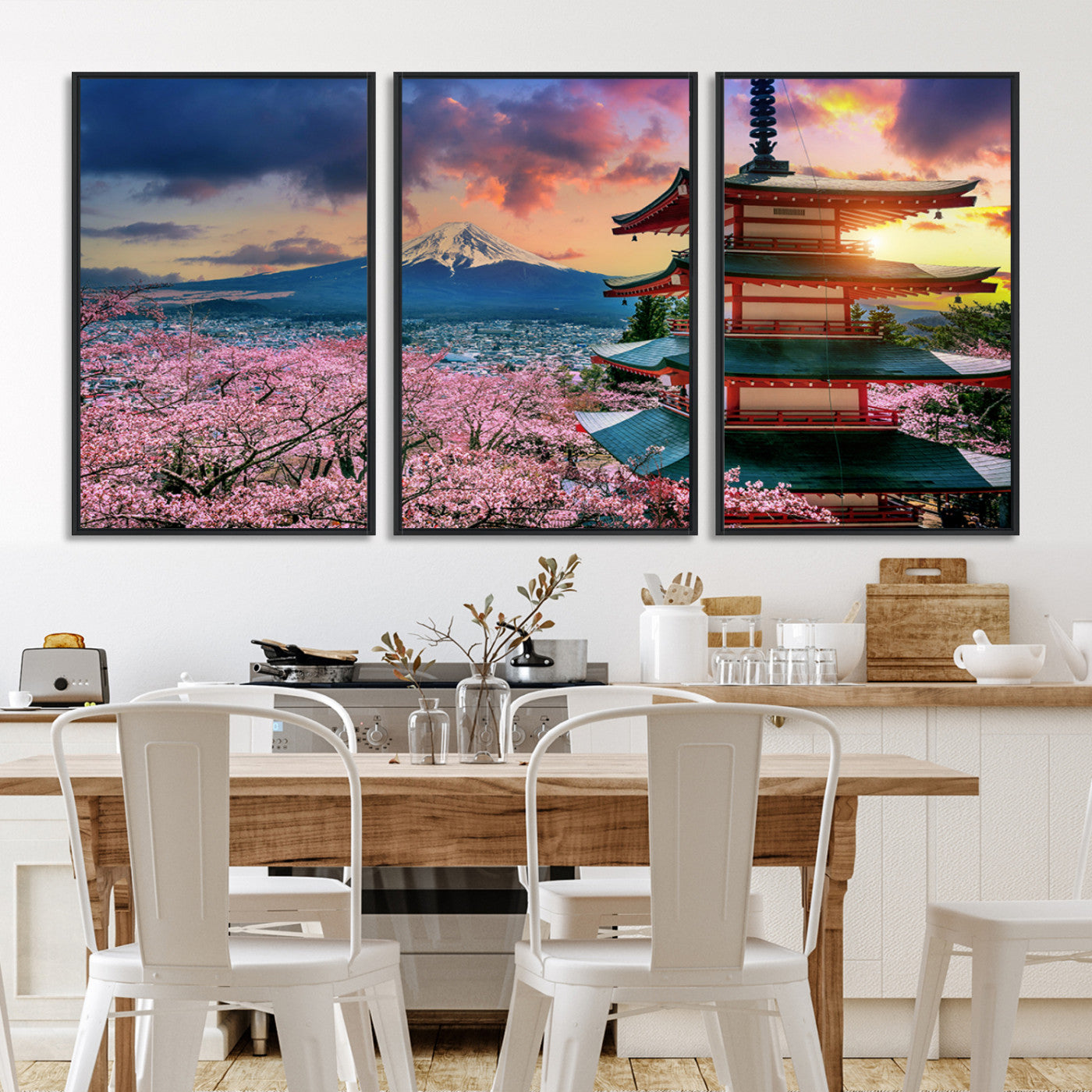 32331262-MGV-FC-60X30-3P_Black-Mount Fuji & Cherry Blossom Wall Art Canvas Print – Iconic Japanese Landscape, Sakura Pagoda Sunset, Multi-Panel Framed Artwork for Home,