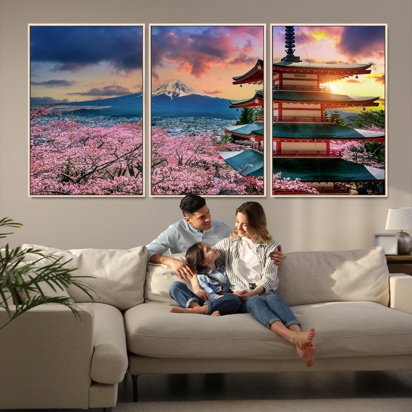 32331262-MGV-FC-60X30-3P_Natural-Mount Fuji & Cherry Blossom Wall Art Canvas Print – Iconic Japanese Landscape, Sakura Pagoda Sunset, Multi-Panel Framed Artwork for Home,
