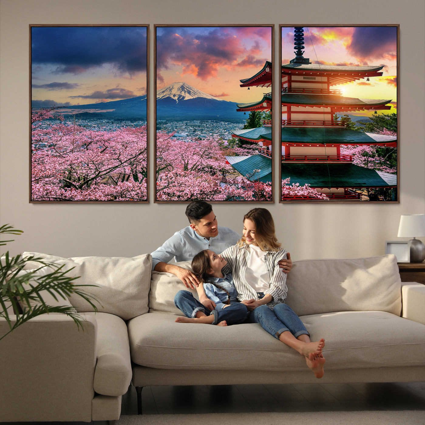 32331262-MGV-FC-60X30-3P_Walnut-Mount Fuji & Cherry Blossom Wall Art Canvas Print – Iconic Japanese Landscape, Sakura Pagoda Sunset, Multi-Panel Framed Artwork for Home,