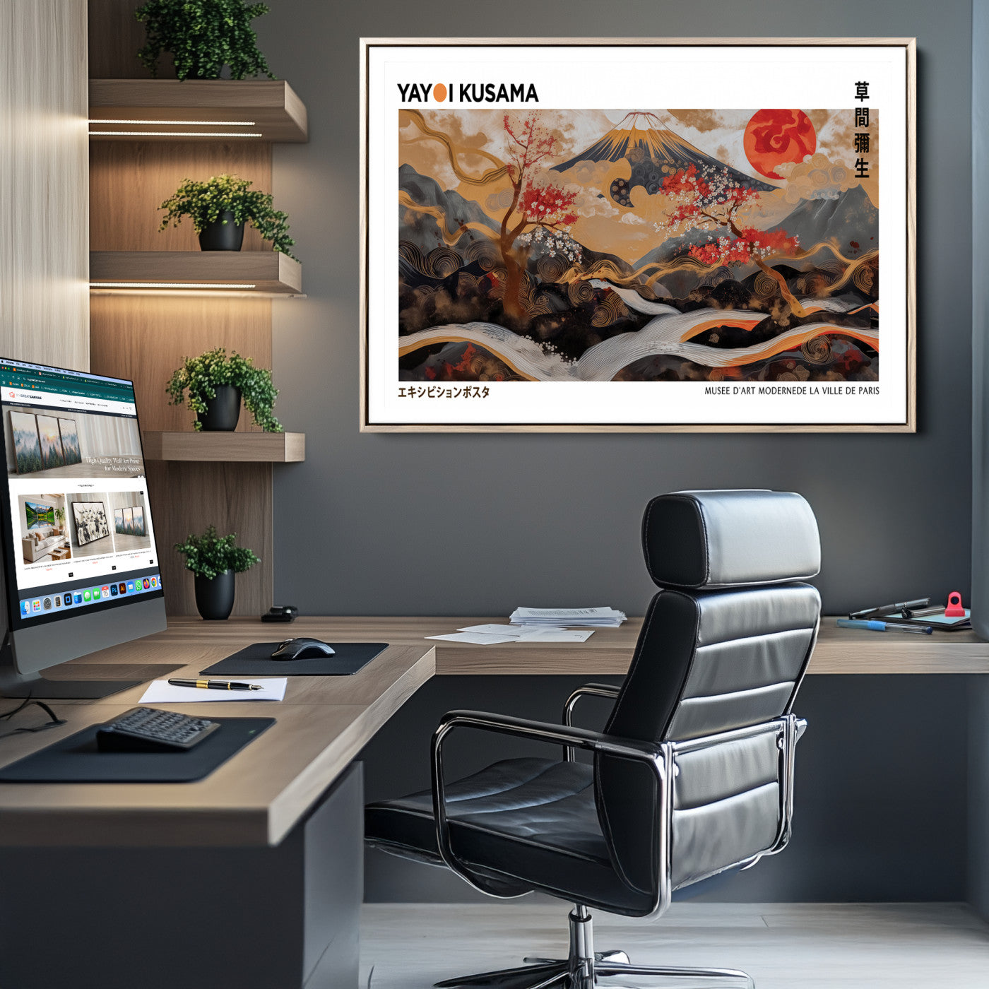 85375874-MGC-FP-36x24_Natural-Mount Fuji Wall Art Print, Yayoi Kusama Canvas Wall Art, Abstract Mount Fuji Canvas Print, Japanese Landscape Art Printing