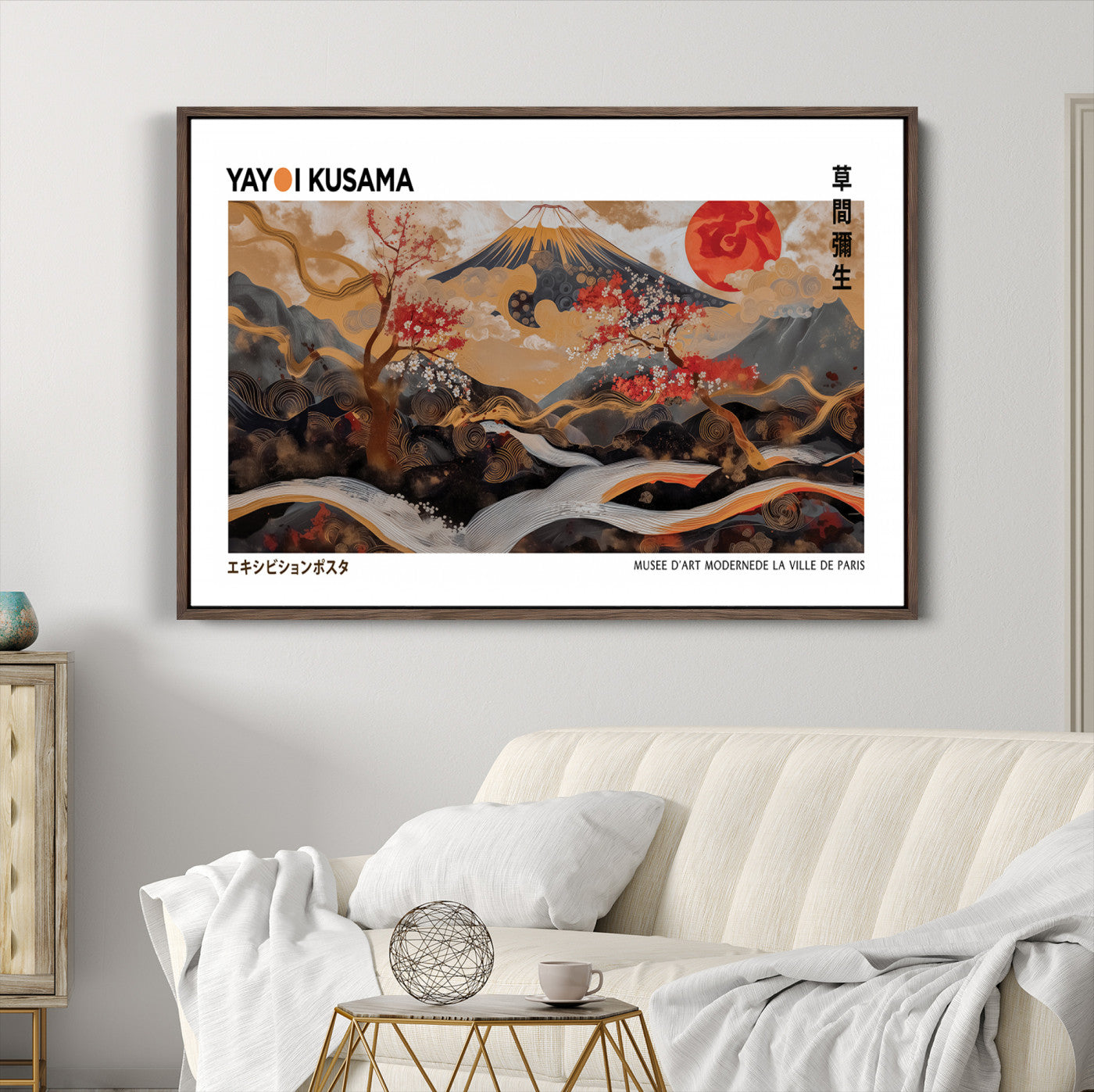 85375874-MGC-FP-36x24_Walnut-Mount Fuji Wall Art Print, Yayoi Kusama Canvas Wall Art, Abstract Mount Fuji Canvas Print, Japanese Landscape Art Printing