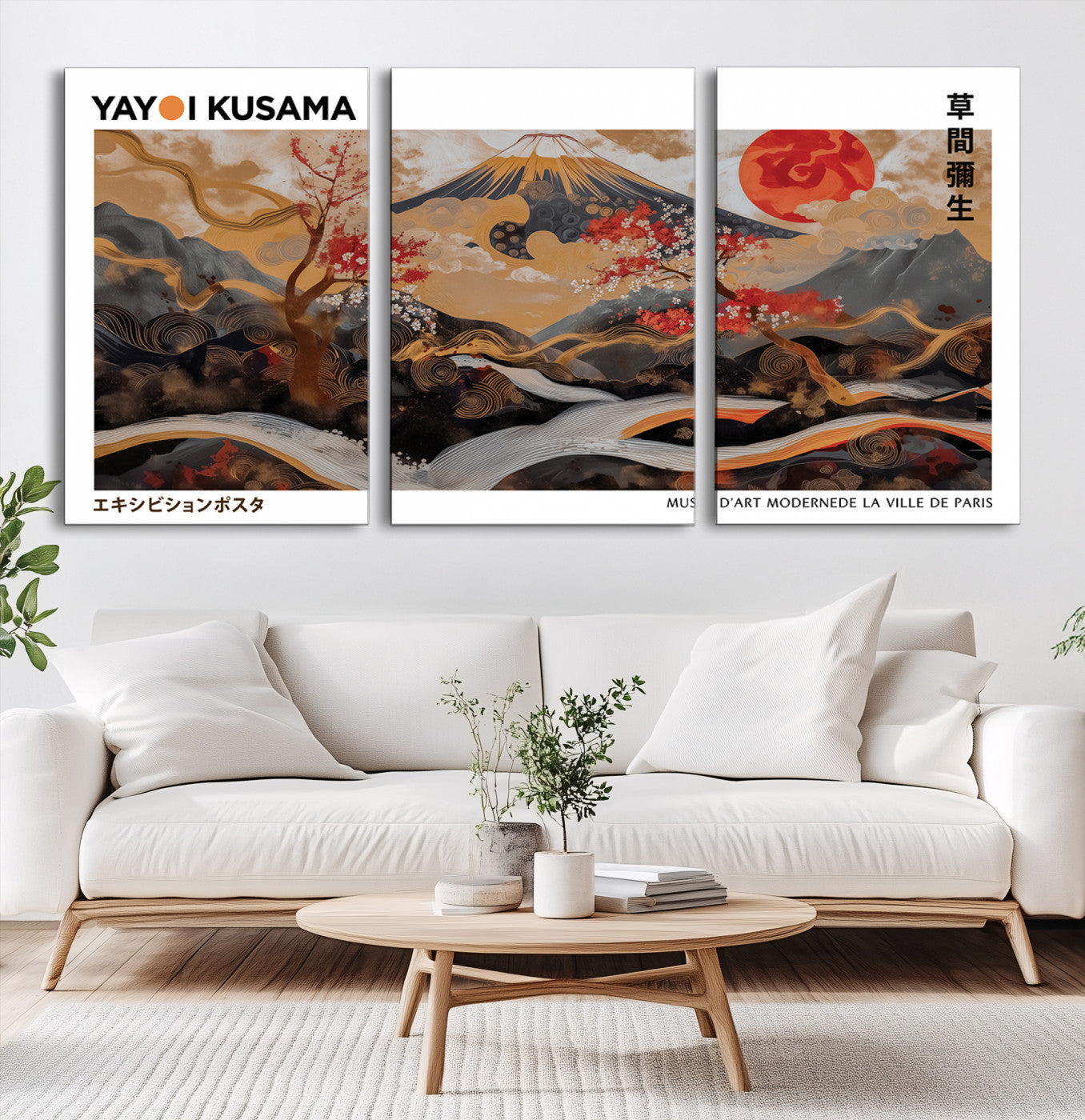 85375874-MGV-CV-60X30-3P-Mount Fuji Wall Art Print, Yayoi Kusama Canvas Wall Art, Abstract Mount Fuji Canvas Print, Japanese Landscape Art Printing