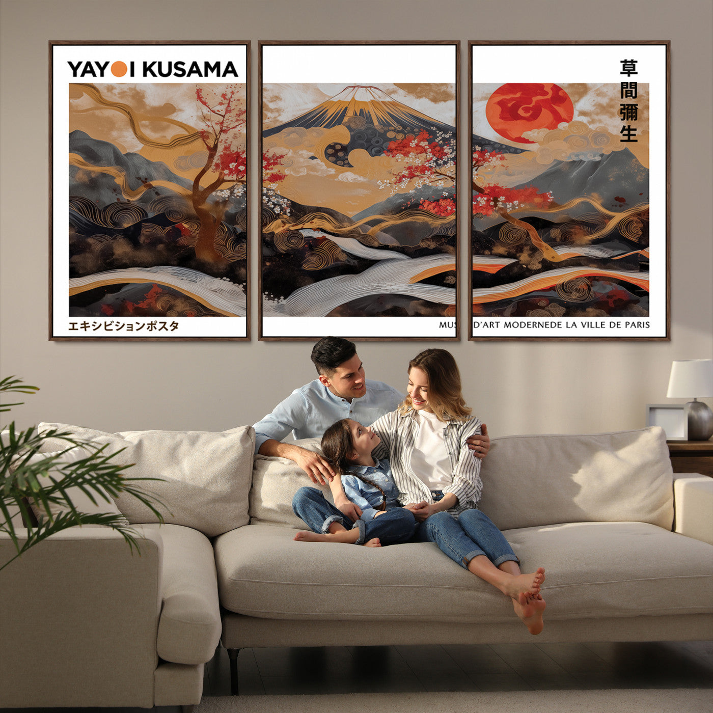 85375874-MGV-FC-60X30-3P_Walnut-Mount Fuji Wall Art Print, Yayoi Kusama Canvas Wall Art, Abstract Mount Fuji Canvas Print, Japanese Landscape Art Printing