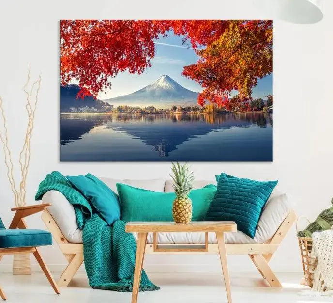 A museum-quality triptych titled "Mount Fuji Canvas Wall Art Japan Autumn Landscape Wall Art Mountain Canvas Print" is elegantly displayed. Benefit from free shipping on this hand-assembled framed art piece that stunningly enhances your living space.