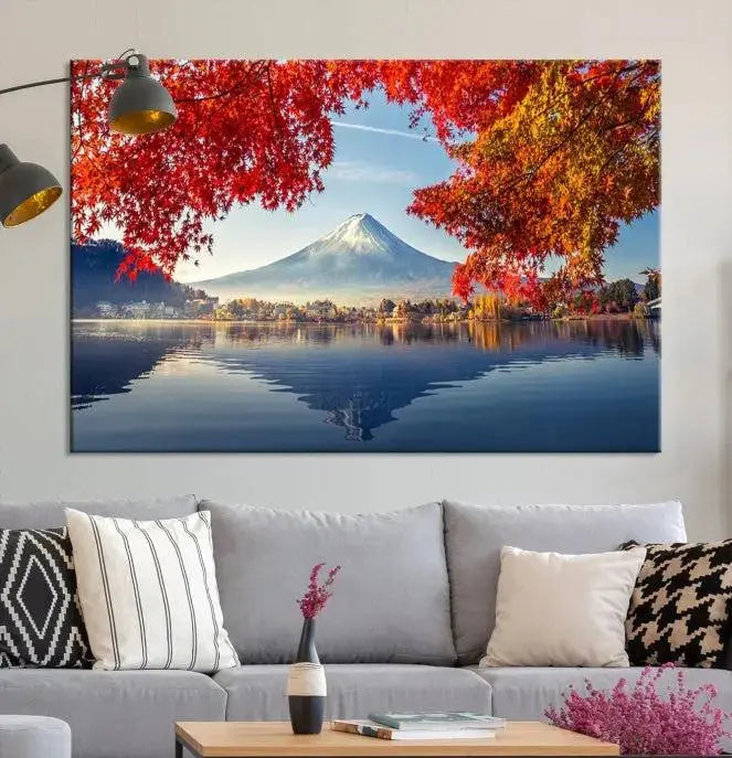 A museum-quality triptych titled "Mount Fuji Canvas Wall Art Japan Autumn Landscape Wall Art Mountain Canvas Print" is elegantly displayed. Benefit from free shipping on this hand-assembled framed art piece that stunningly enhances your living space.