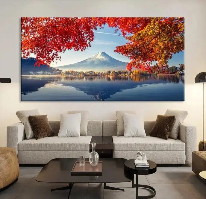 A museum-quality triptych titled "Mount Fuji Canvas Wall Art Japan Autumn Landscape Wall Art Mountain Canvas Print" is elegantly displayed. Benefit from free shipping on this hand-assembled framed art piece that stunningly enhances your living space.