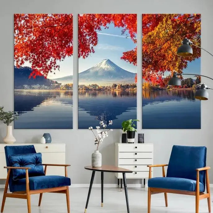 A museum-quality triptych titled "Mount Fuji Canvas Wall Art Japan Autumn Landscape Wall Art Mountain Canvas Print" is elegantly displayed. Benefit from free shipping on this hand-assembled framed art piece that stunningly enhances your living space.