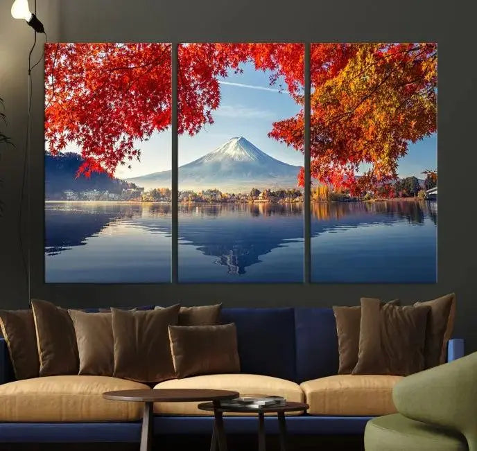 A museum-quality triptych titled "Mount Fuji Canvas Wall Art Japan Autumn Landscape Wall Art Mountain Canvas Print" is elegantly displayed. Benefit from free shipping on this hand-assembled framed art piece that stunningly enhances your living space.