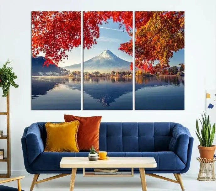 A museum-quality triptych titled "Mount Fuji Canvas Wall Art Japan Autumn Landscape Wall Art Mountain Canvas Print" is elegantly displayed. Benefit from free shipping on this hand-assembled framed art piece that stunningly enhances your living space.