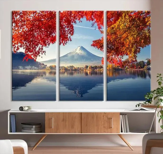 A museum-quality triptych titled "Mount Fuji Canvas Wall Art Japan Autumn Landscape Wall Art Mountain Canvas Print" is elegantly displayed. Benefit from free shipping on this hand-assembled framed art piece that stunningly enhances your living space.