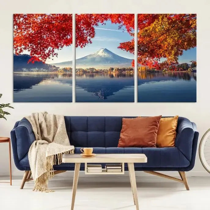 A museum-quality triptych titled "Mount Fuji Canvas Wall Art Japan Autumn Landscape Wall Art Mountain Canvas Print" is elegantly displayed. Benefit from free shipping on this hand-assembled framed art piece that stunningly enhances your living space.