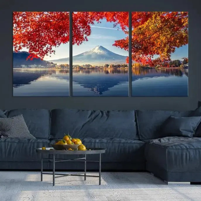 A museum-quality triptych titled "Mount Fuji Canvas Wall Art Japan Autumn Landscape Wall Art Mountain Canvas Print" is elegantly displayed. Benefit from free shipping on this hand-assembled framed art piece that stunningly enhances your living space.