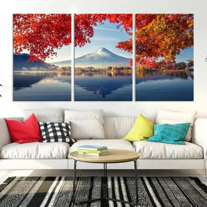 A museum-quality triptych titled "Mount Fuji Canvas Wall Art Japan Autumn Landscape Wall Art Mountain Canvas Print" is elegantly displayed. Benefit from free shipping on this hand-assembled framed art piece that stunningly enhances your living space.