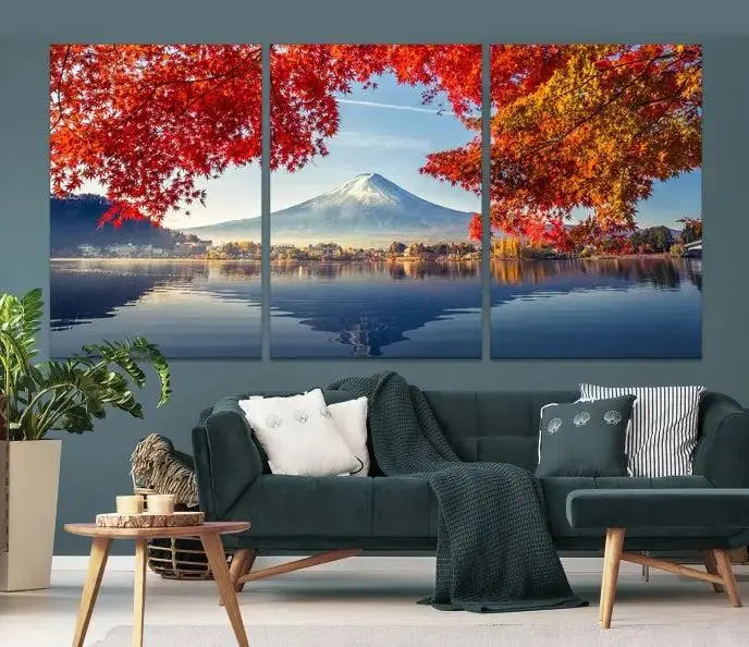 A museum-quality triptych titled "Mount Fuji Canvas Wall Art Japan Autumn Landscape Wall Art Mountain Canvas Print" is elegantly displayed. Benefit from free shipping on this hand-assembled framed art piece that stunningly enhances your living space.