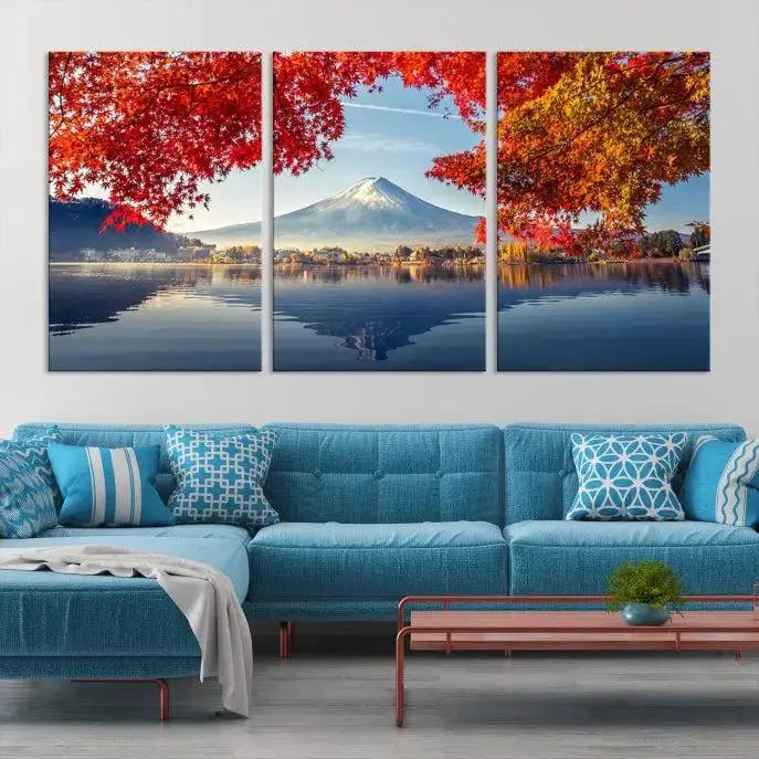 A museum-quality triptych titled "Mount Fuji Canvas Wall Art Japan Autumn Landscape Wall Art Mountain Canvas Print" is elegantly displayed. Benefit from free shipping on this hand-assembled framed art piece that stunningly enhances your living space.