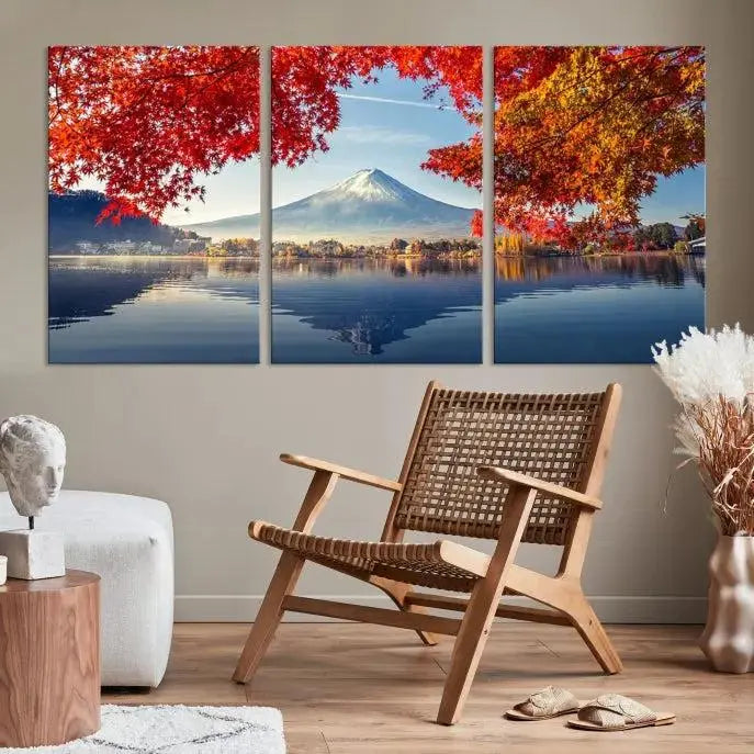 A museum-quality triptych titled "Mount Fuji Canvas Wall Art Japan Autumn Landscape Wall Art Mountain Canvas Print" is elegantly displayed. Benefit from free shipping on this hand-assembled framed art piece that stunningly enhances your living space.