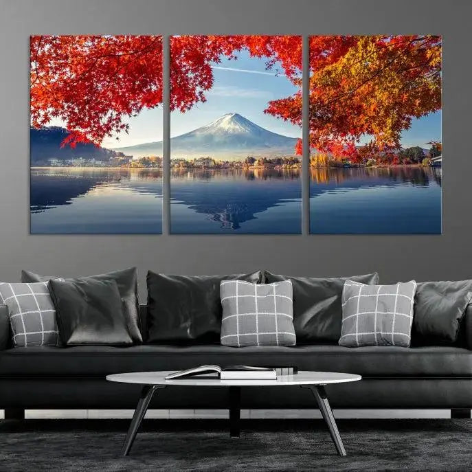 A museum-quality triptych titled "Mount Fuji Canvas Wall Art Japan Autumn Landscape Wall Art Mountain Canvas Print" is elegantly displayed. Benefit from free shipping on this hand-assembled framed art piece that stunningly enhances your living space.