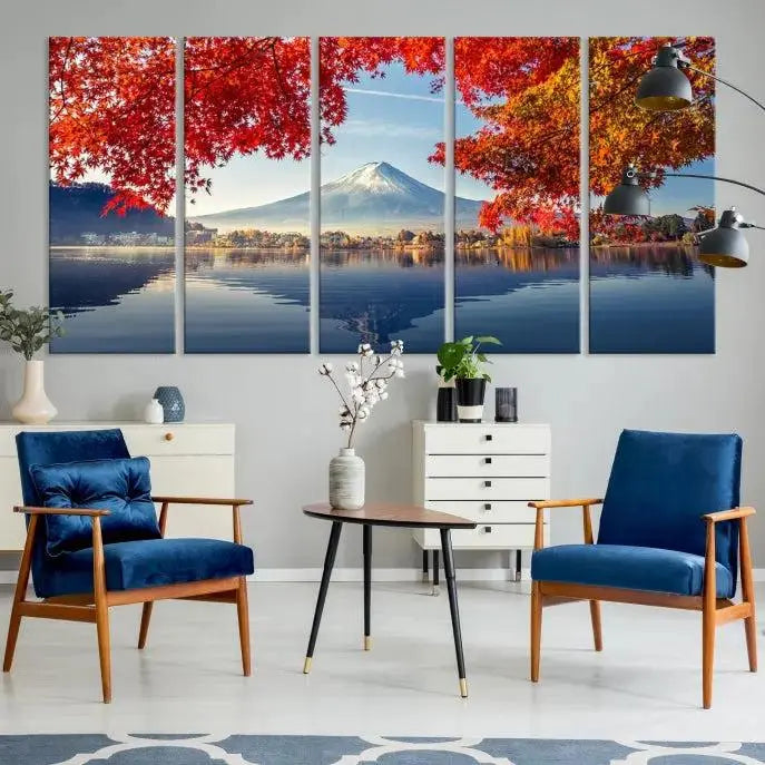 A museum-quality triptych titled "Mount Fuji Canvas Wall Art Japan Autumn Landscape Wall Art Mountain Canvas Print" is elegantly displayed. Benefit from free shipping on this hand-assembled framed art piece that stunningly enhances your living space.