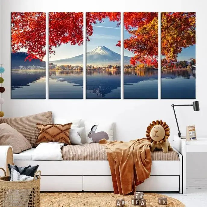 A museum-quality triptych titled "Mount Fuji Canvas Wall Art Japan Autumn Landscape Wall Art Mountain Canvas Print" is elegantly displayed. Benefit from free shipping on this hand-assembled framed art piece that stunningly enhances your living space.