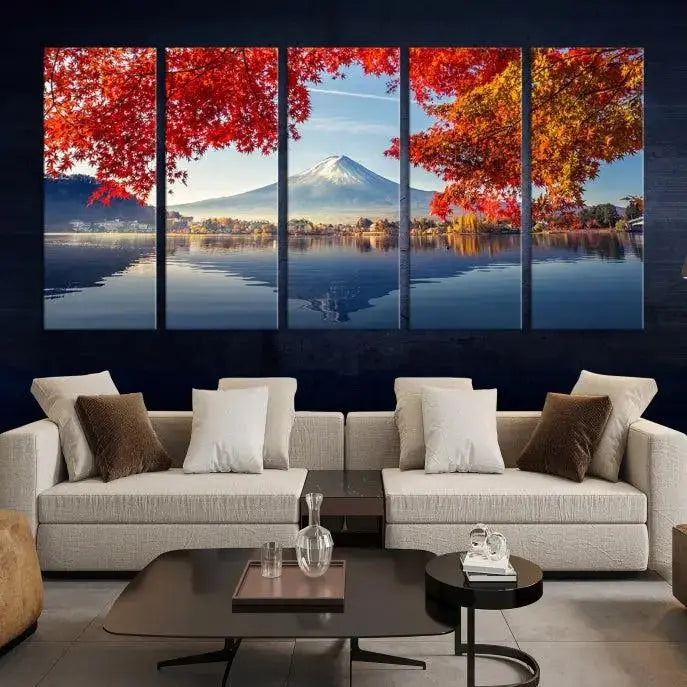 A museum-quality triptych titled "Mount Fuji Canvas Wall Art Japan Autumn Landscape Wall Art Mountain Canvas Print" is elegantly displayed. Benefit from free shipping on this hand-assembled framed art piece that stunningly enhances your living space.