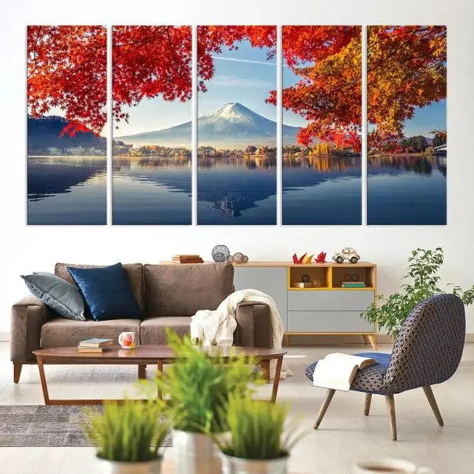 A museum-quality triptych titled "Mount Fuji Canvas Wall Art Japan Autumn Landscape Wall Art Mountain Canvas Print" is elegantly displayed. Benefit from free shipping on this hand-assembled framed art piece that stunningly enhances your living space.