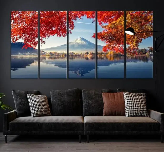 A museum-quality triptych titled "Mount Fuji Canvas Wall Art Japan Autumn Landscape Wall Art Mountain Canvas Print" is elegantly displayed. Benefit from free shipping on this hand-assembled framed art piece that stunningly enhances your living space.