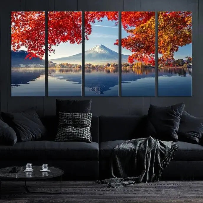 A museum-quality triptych titled "Mount Fuji Canvas Wall Art Japan Autumn Landscape Wall Art Mountain Canvas Print" is elegantly displayed. Benefit from free shipping on this hand-assembled framed art piece that stunningly enhances your living space.