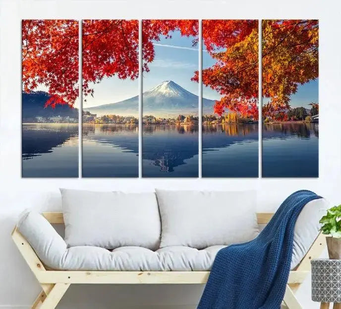 A museum-quality triptych titled "Mount Fuji Canvas Wall Art Japan Autumn Landscape Wall Art Mountain Canvas Print" is elegantly displayed. Benefit from free shipping on this hand-assembled framed art piece that stunningly enhances your living space.