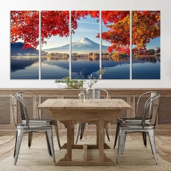 A museum-quality triptych titled "Mount Fuji Canvas Wall Art Japan Autumn Landscape Wall Art Mountain Canvas Print" is elegantly displayed. Benefit from free shipping on this hand-assembled framed art piece that stunningly enhances your living space.