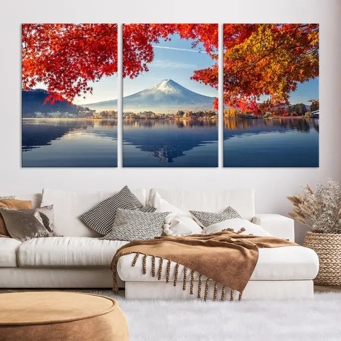 A museum-quality triptych titled "Mount Fuji Canvas Wall Art Japan Autumn Landscape Wall Art Mountain Canvas Print" is elegantly displayed. Benefit from free shipping on this hand-assembled framed art piece that stunningly enhances your living space.