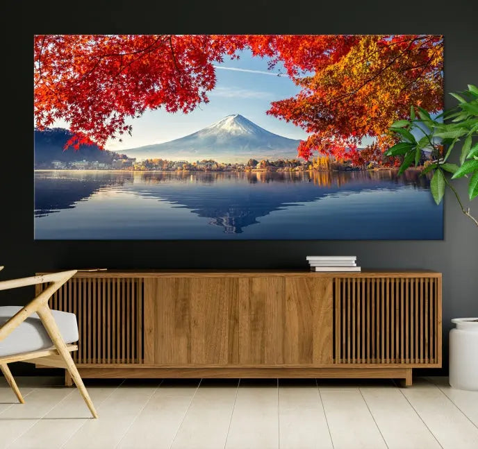 A museum-quality triptych titled "Mount Fuji Canvas Wall Art Japan Autumn Landscape Wall Art Mountain Canvas Print" is elegantly displayed. Benefit from free shipping on this hand-assembled framed art piece that stunningly enhances your living space.