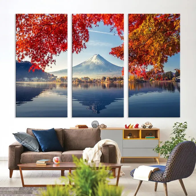 A museum-quality triptych titled "Mount Fuji Canvas Wall Art Japan Autumn Landscape Wall Art Mountain Canvas Print" is elegantly displayed. Benefit from free shipping on this hand-assembled framed art piece that stunningly enhances your living space.