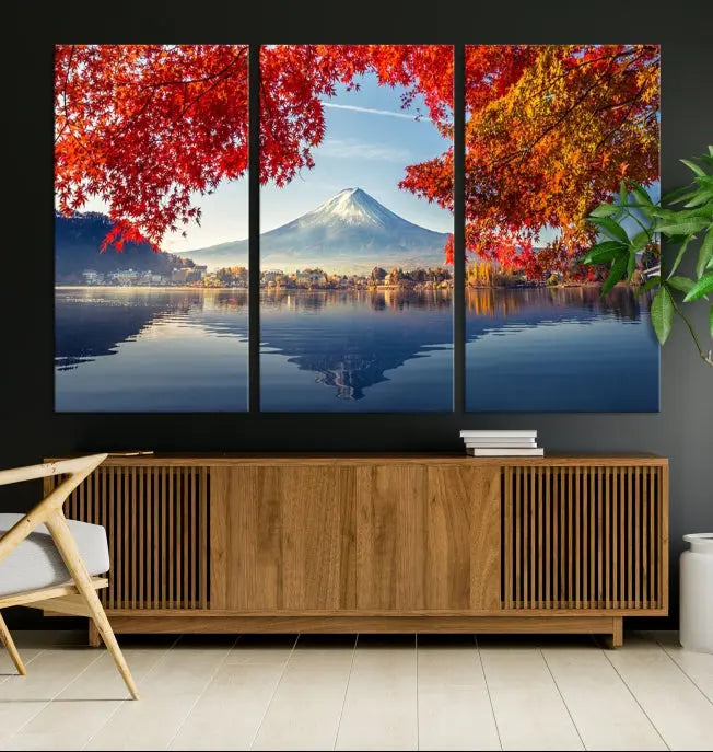 A museum-quality triptych titled "Mount Fuji Canvas Wall Art Japan Autumn Landscape Wall Art Mountain Canvas Print" is elegantly displayed. Benefit from free shipping on this hand-assembled framed art piece that stunningly enhances your living space.