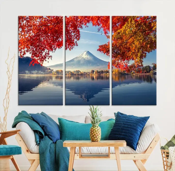 A museum-quality triptych titled "Mount Fuji Canvas Wall Art Japan Autumn Landscape Wall Art Mountain Canvas Print" is elegantly displayed. Benefit from free shipping on this hand-assembled framed art piece that stunningly enhances your living space.