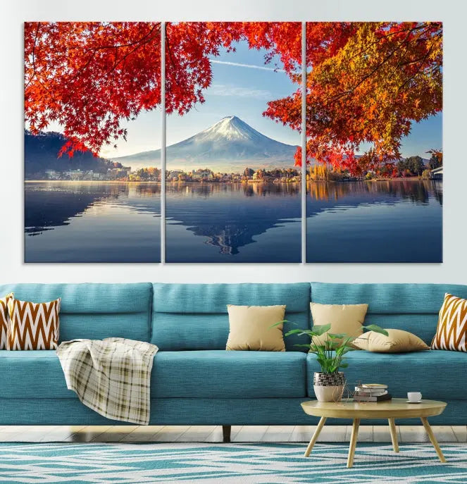 A museum-quality triptych titled "Mount Fuji Canvas Wall Art Japan Autumn Landscape Wall Art Mountain Canvas Print" is elegantly displayed. Benefit from free shipping on this hand-assembled framed art piece that stunningly enhances your living space.