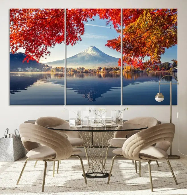 A museum-quality triptych titled "Mount Fuji Canvas Wall Art Japan Autumn Landscape Wall Art Mountain Canvas Print" is elegantly displayed. Benefit from free shipping on this hand-assembled framed art piece that stunningly enhances your living space.