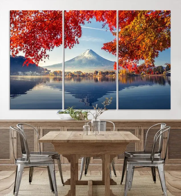 A museum-quality triptych titled "Mount Fuji Canvas Wall Art Japan Autumn Landscape Wall Art Mountain Canvas Print" is elegantly displayed. Benefit from free shipping on this hand-assembled framed art piece that stunningly enhances your living space.