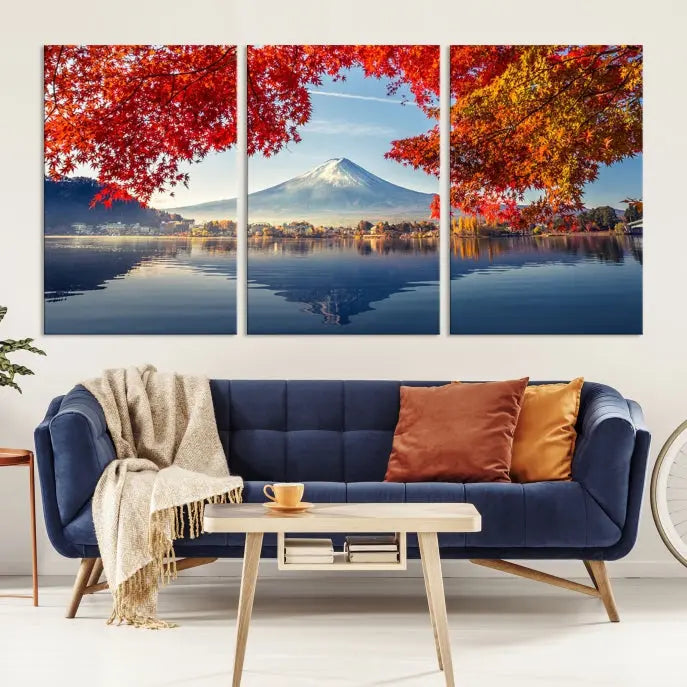 A museum-quality triptych titled "Mount Fuji Canvas Wall Art Japan Autumn Landscape Wall Art Mountain Canvas Print" is elegantly displayed. Benefit from free shipping on this hand-assembled framed art piece that stunningly enhances your living space.