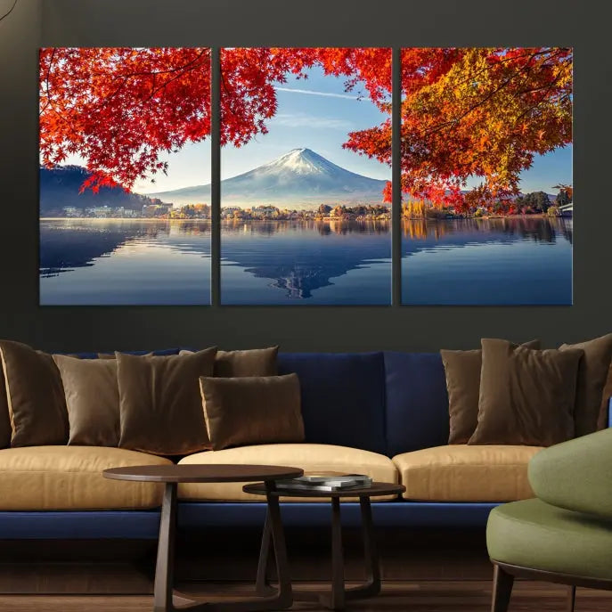 A museum-quality triptych titled "Mount Fuji Canvas Wall Art Japan Autumn Landscape Wall Art Mountain Canvas Print" is elegantly displayed. Benefit from free shipping on this hand-assembled framed art piece that stunningly enhances your living space.