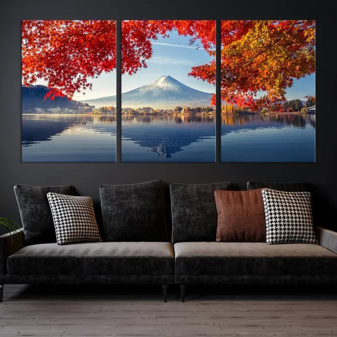 A museum-quality triptych titled "Mount Fuji Canvas Wall Art Japan Autumn Landscape Wall Art Mountain Canvas Print" is elegantly displayed. Benefit from free shipping on this hand-assembled framed art piece that stunningly enhances your living space.