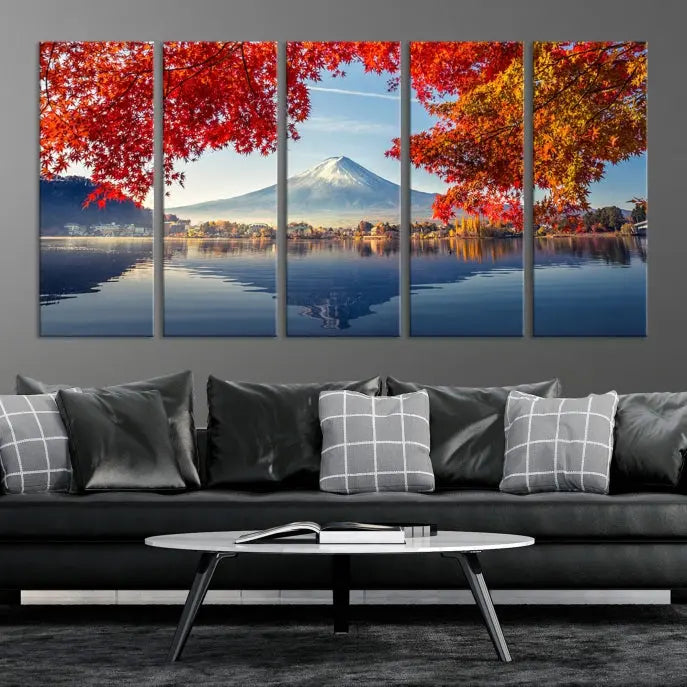 A museum-quality triptych titled "Mount Fuji Canvas Wall Art Japan Autumn Landscape Wall Art Mountain Canvas Print" is elegantly displayed. Benefit from free shipping on this hand-assembled framed art piece that stunningly enhances your living space.