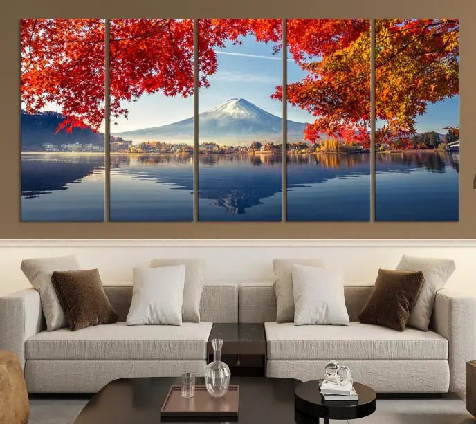 A museum-quality triptych titled "Mount Fuji Canvas Wall Art Japan Autumn Landscape Wall Art Mountain Canvas Print" is elegantly displayed. Benefit from free shipping on this hand-assembled framed art piece that stunningly enhances your living space.