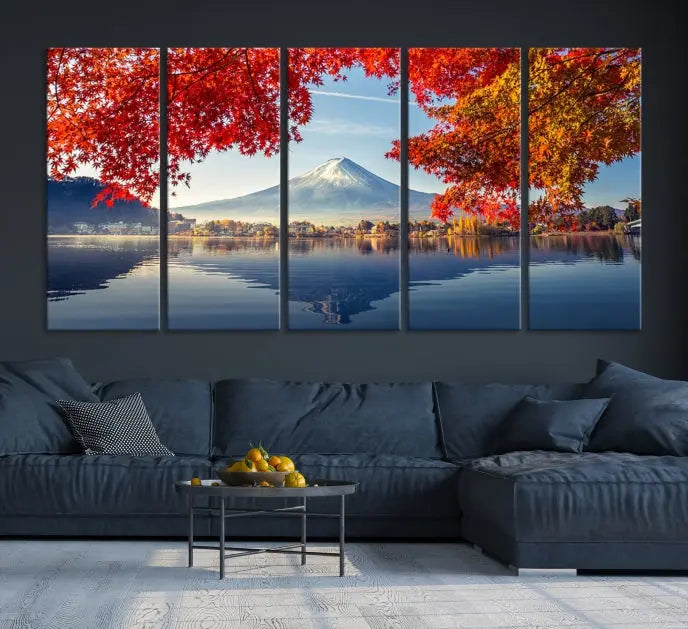 A museum-quality triptych titled "Mount Fuji Canvas Wall Art Japan Autumn Landscape Wall Art Mountain Canvas Print" is elegantly displayed. Benefit from free shipping on this hand-assembled framed art piece that stunningly enhances your living space.